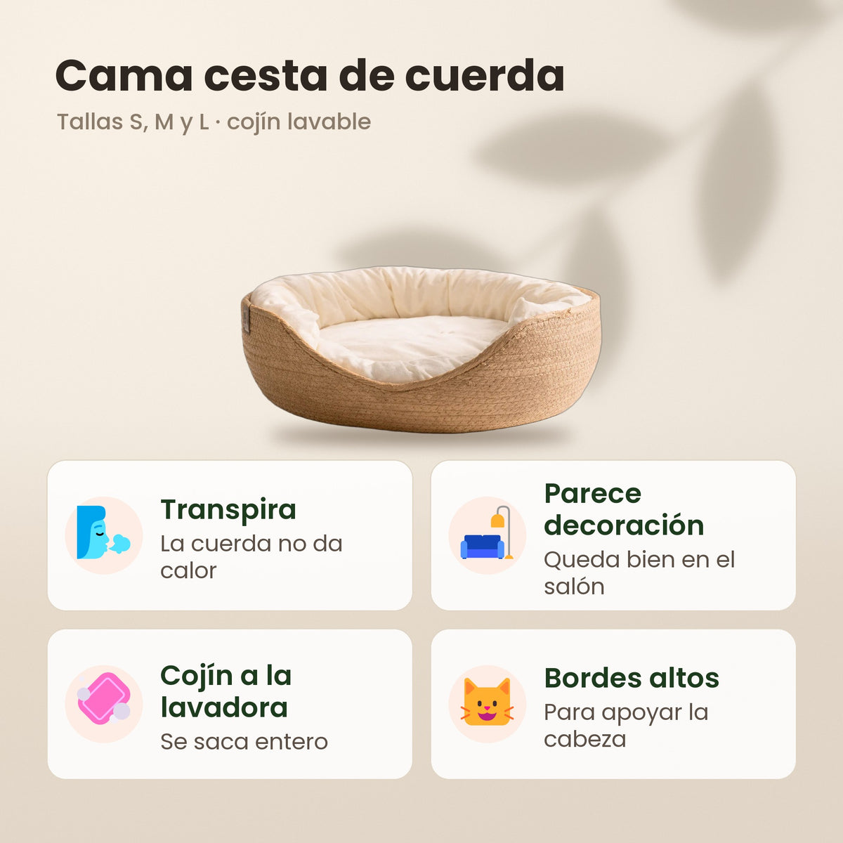 Cama cesta de cuerda: transpira, parece decoración, cojín a la lavadora y bordes altos