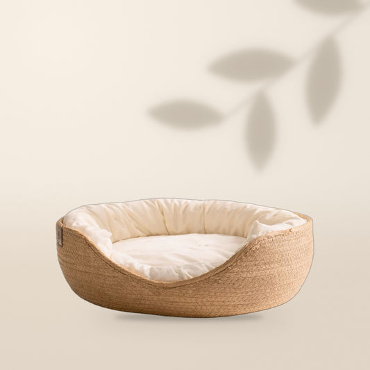 Cama cesta de cuerda tejida para gatos con cojín