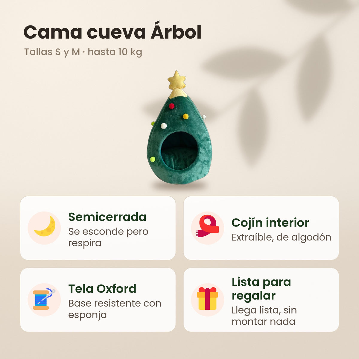 Cama cueva Árbol de Navidad: semicerrada, cojín interior extraíble, tela Oxford, tallas S y M