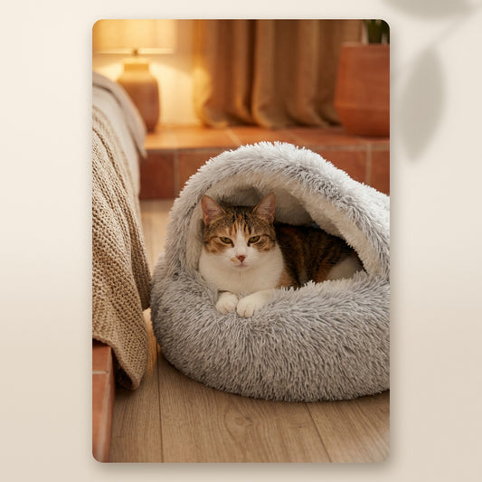 Gata dentro de la cama cueva de peluche AMIKART