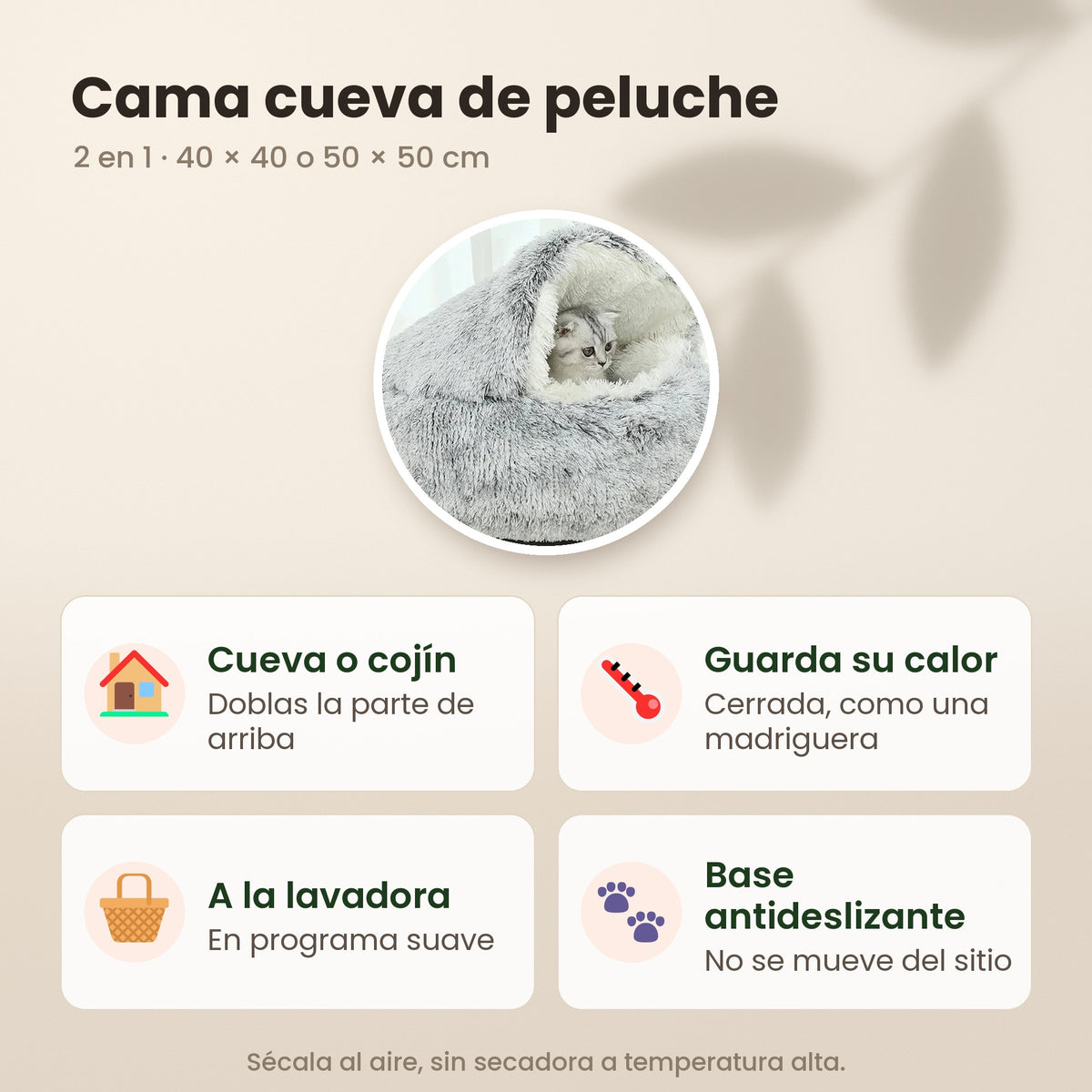 Cama cueva de peluche 2 en 1: cueva o cojín, guarda su calor, va a la lavadora y tiene base antideslizante