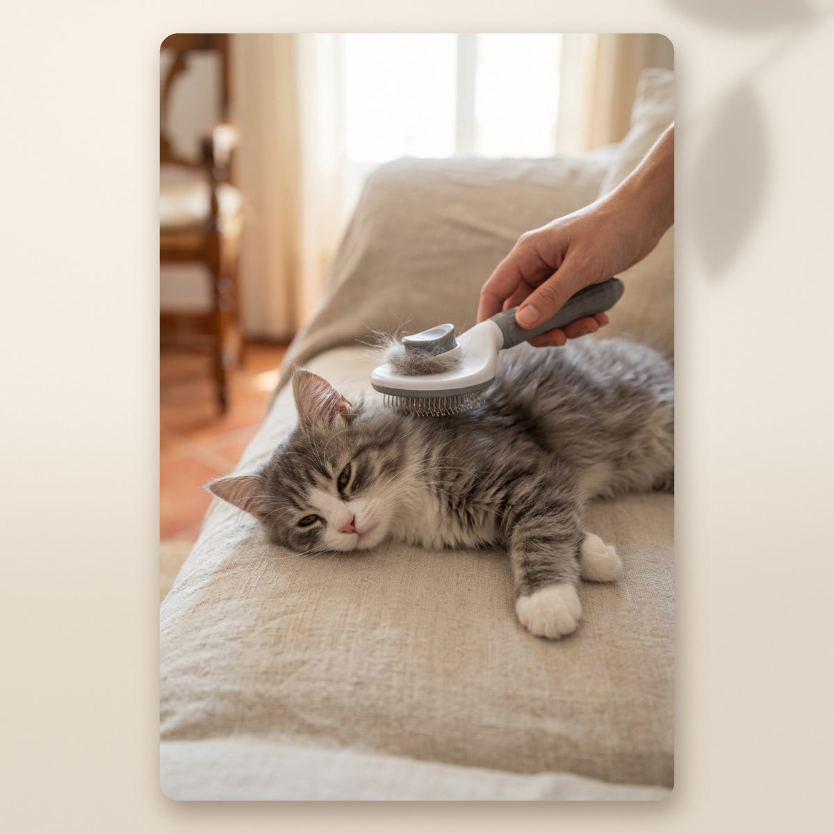 Gatito gris cepillado con el cepillo autolimpiante AMIKART