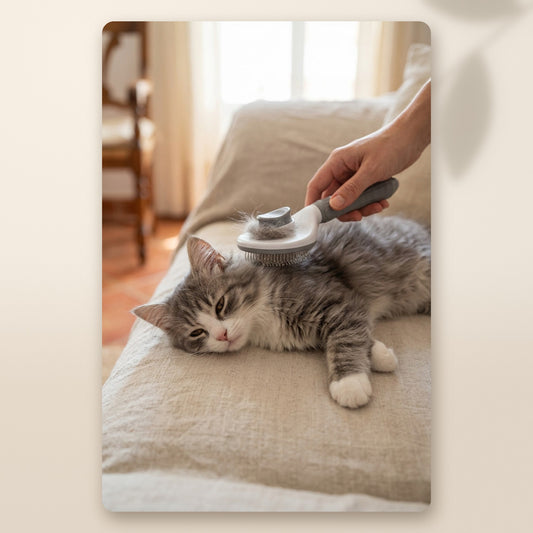 Gatito gris cepillado con el cepillo autolimpiante AMIKART