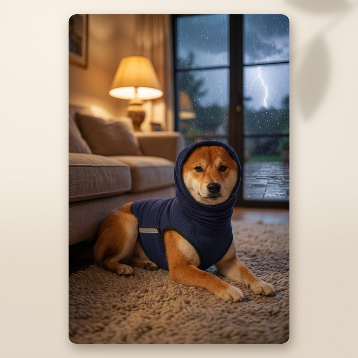 Shiba tranquilo con el chaleco antiestrés azul marino y la capucha puesta, en casa durante una tormenta