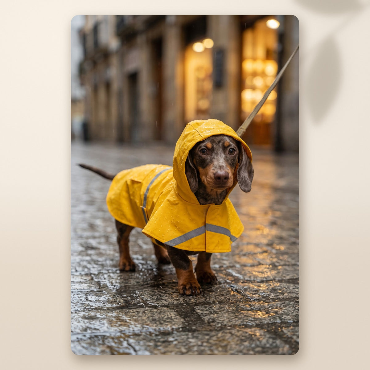 Cachorro de teckel con el chubasquero amarillo con capucha AMIKART