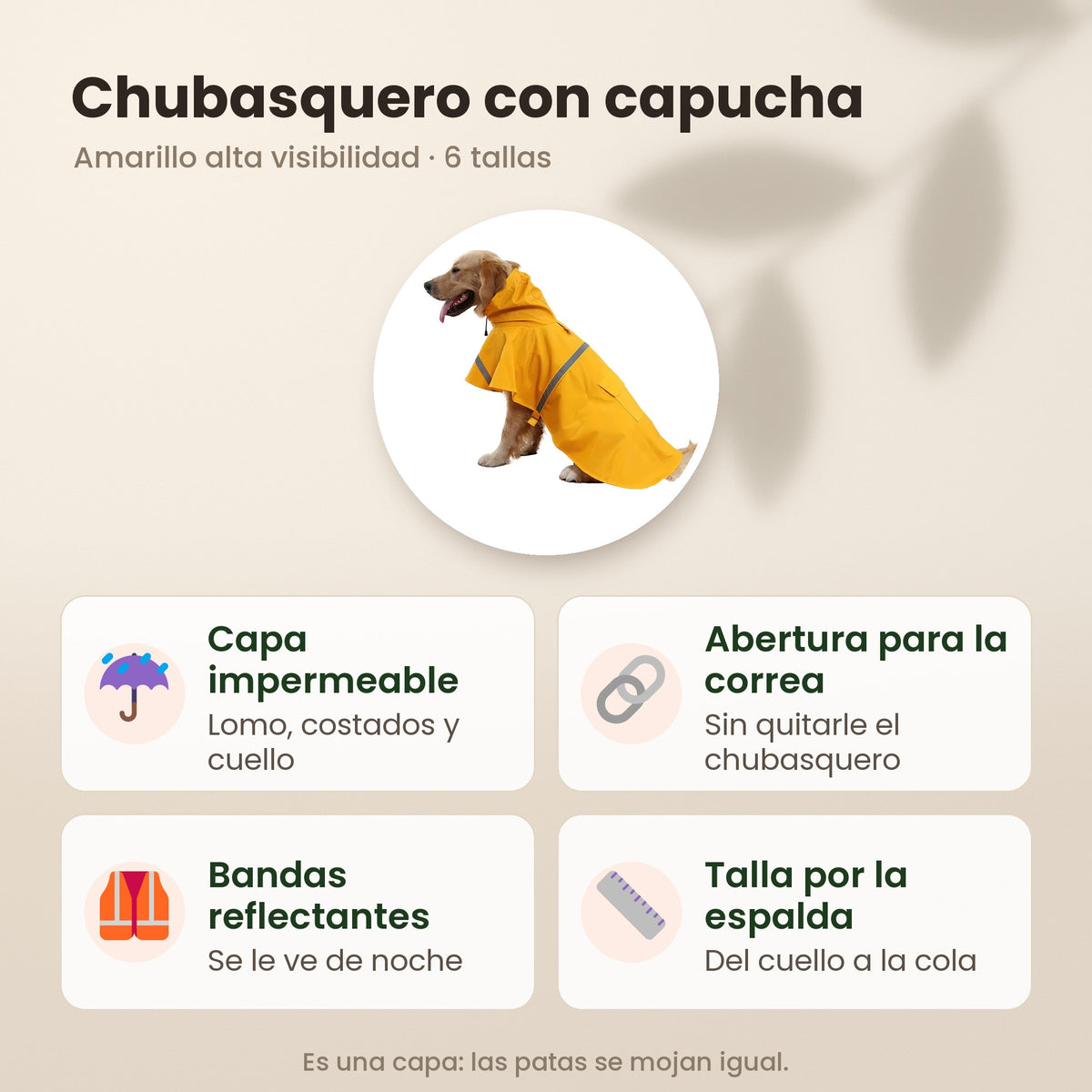 Chubasquero con capucha: capa impermeable, abertura para la correa, bandas reflectantes y talla por la espalda