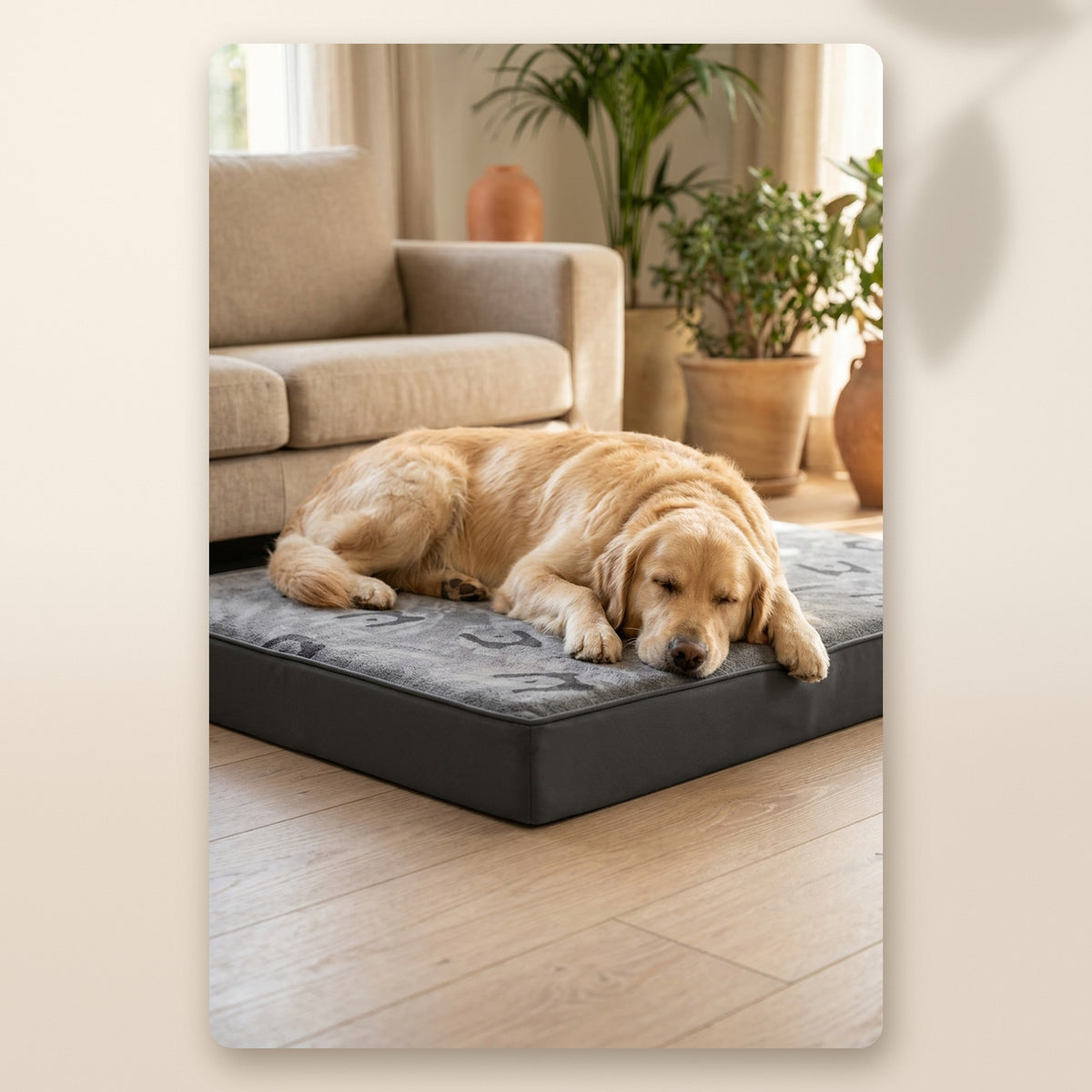 Golden retriever durmiendo en el colchón para perros XL de doble cara