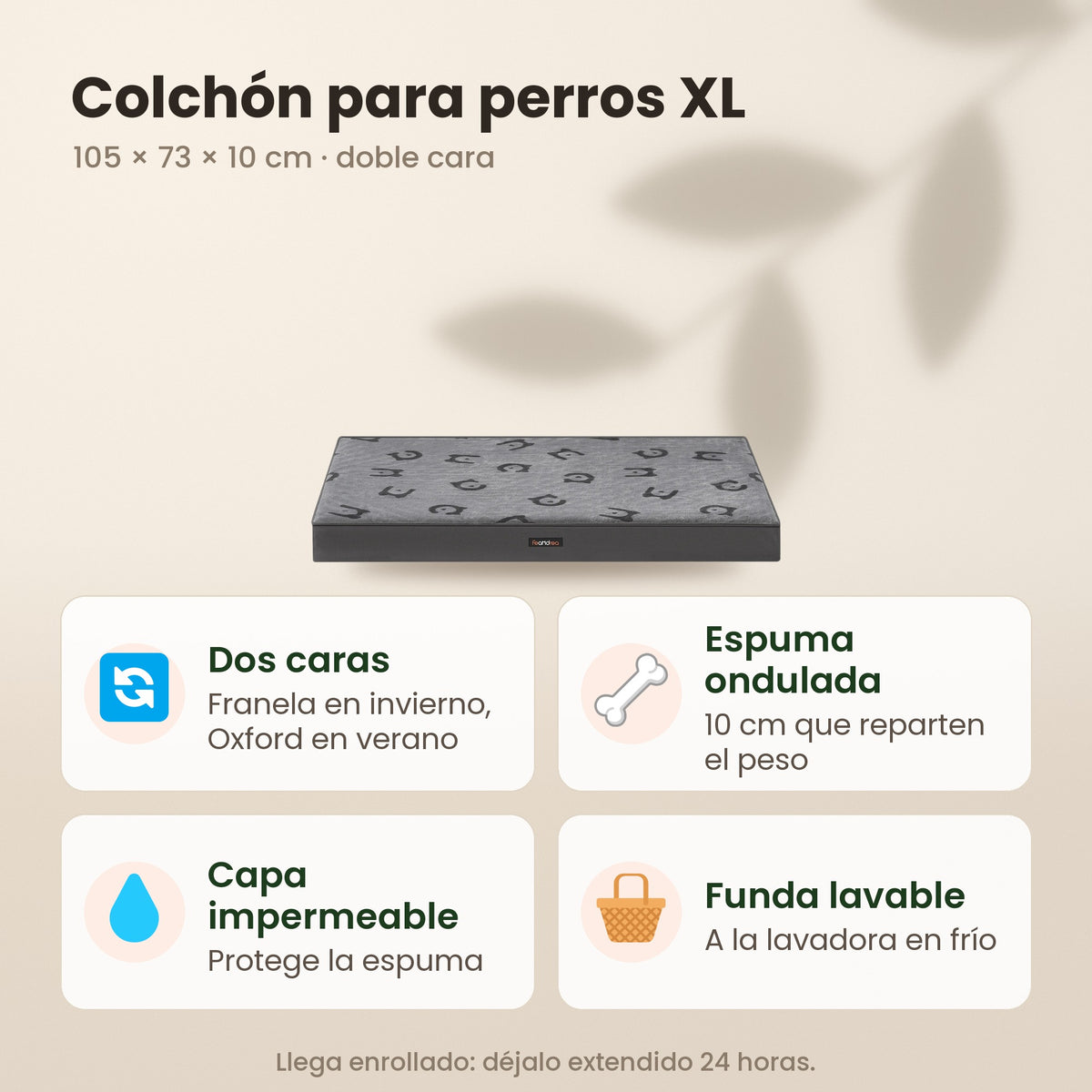 Colchón para perros XL 105 × 73 × 10 cm: dos caras, espuma ondulada, capa impermeable y funda lavable