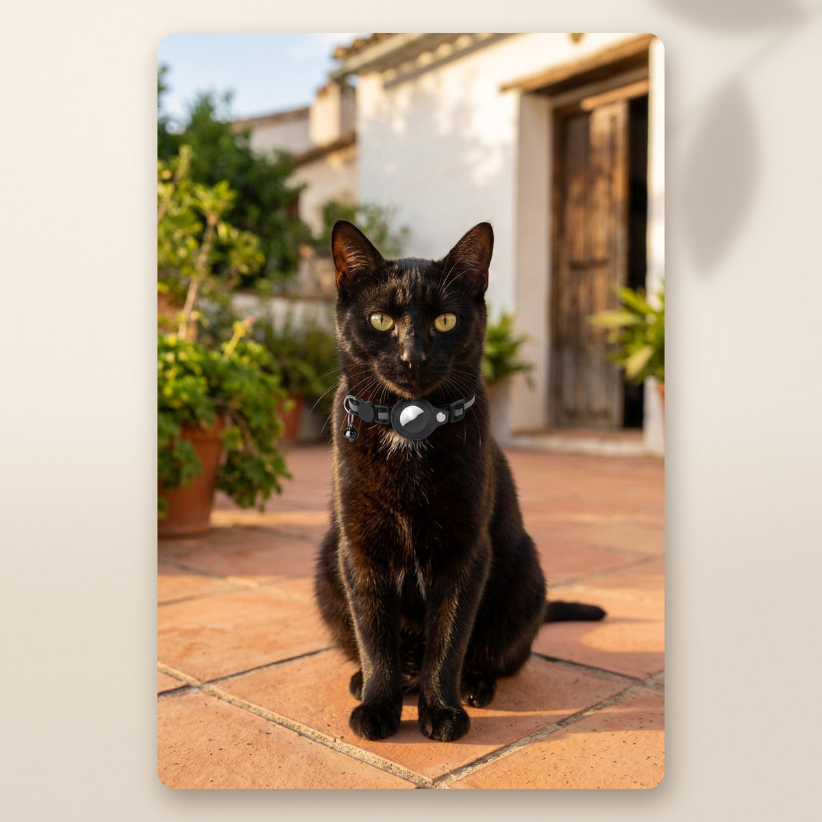 Gato negro con el collar con soporte AirTag AMIKART