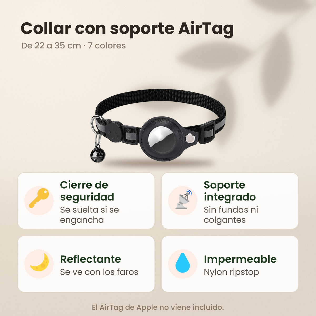 Collar con soporte AirTag: cierre de seguridad, soporte integrado, reflectante e impermeable (AirTag no incluido)