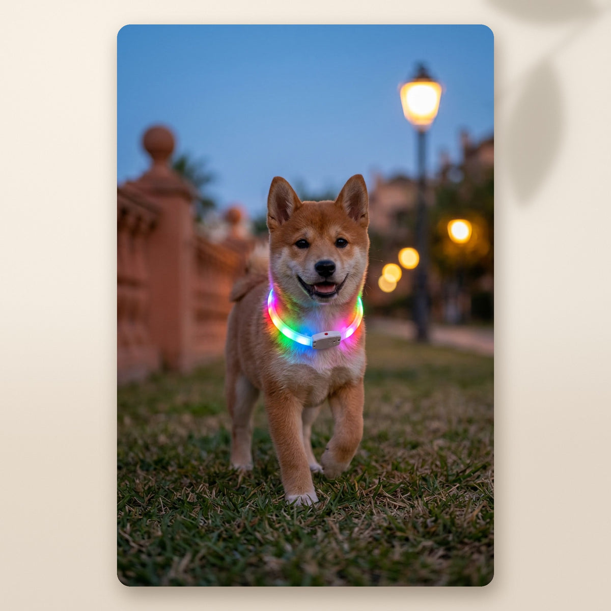Cachorro de shiba al anochecer con el collar LED recargable encendido AMIKART