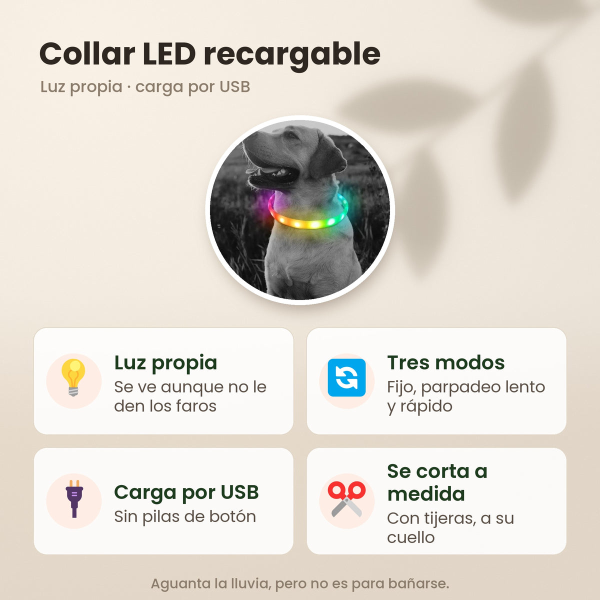 Collar LED recargable: luz propia, tres modos de luz, carga por USB y se corta a la medida del cuello