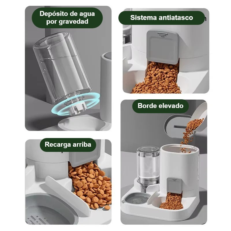 Cuatro detalles del comedero: depósito de agua por gravedad, sistema antiatasco, recarga por arriba y borde elevado