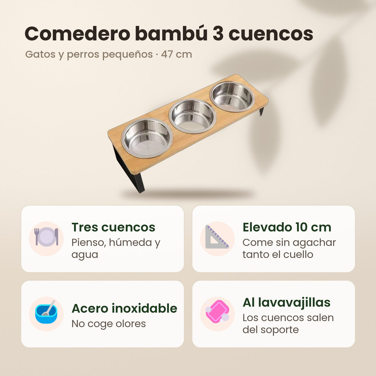 Comedero bambú 3 cuencos: pienso, húmeda y agua, elevado 10 cm, acero inoxidable y cuencos al lavavajillas