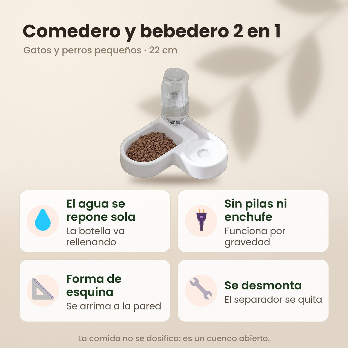 Comedero y bebedero 2 en 1: el agua se repone sola, sin pilas ni enchufe, forma de esquina y se desmonta; la comida no se dosifica