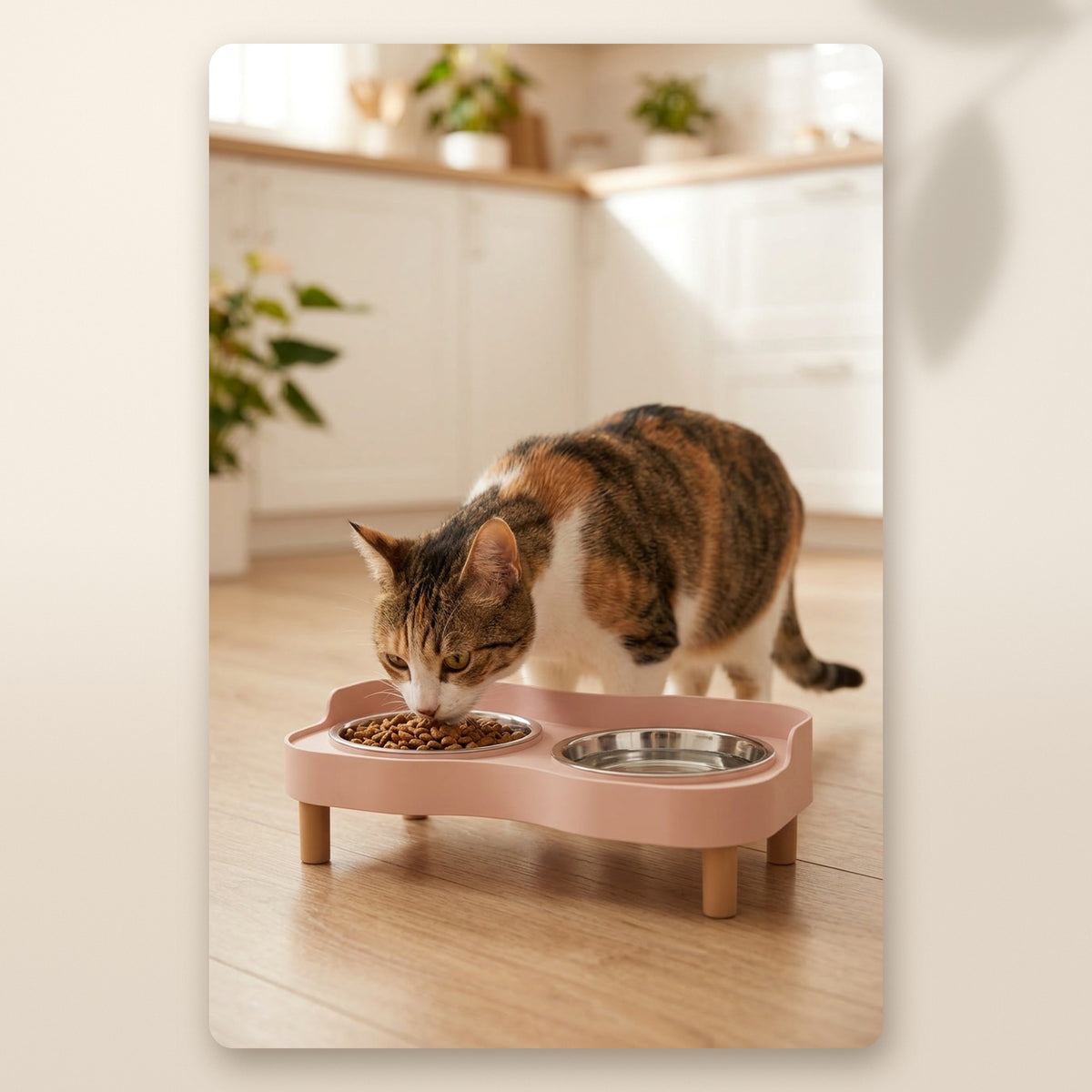 Gata comiendo en el comedero elevado doble rosa AMIKART en la cocina
