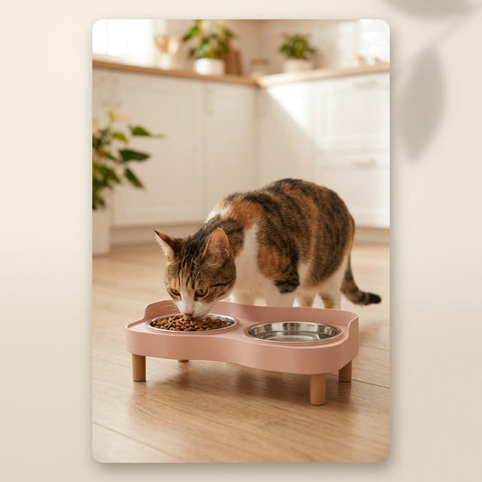 Gata comiendo en el comedero elevado doble rosa AMIKART en la cocina