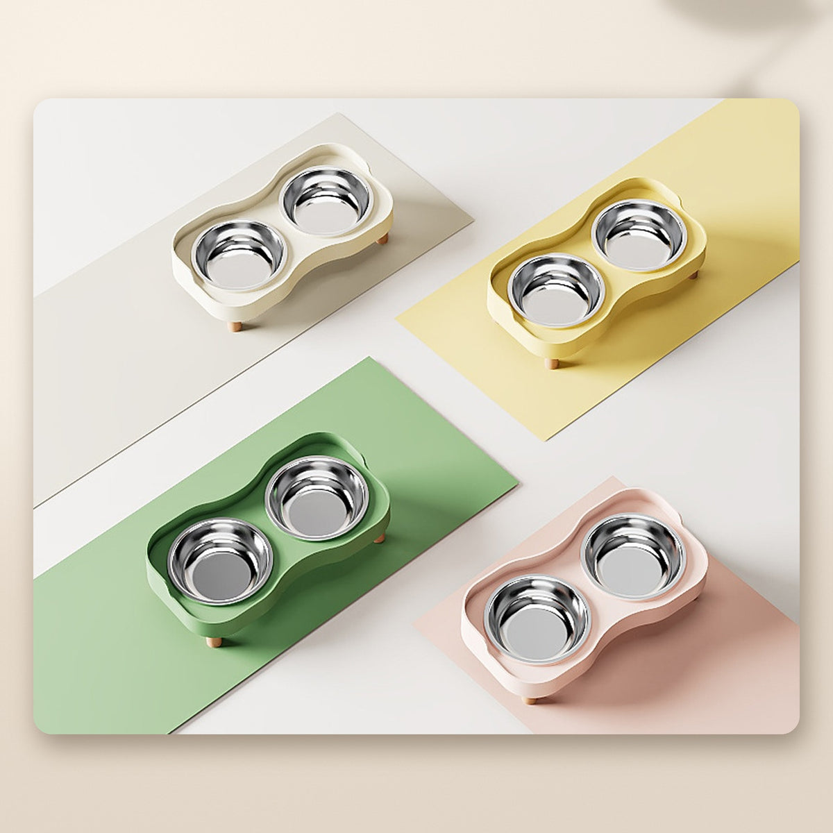 Comedero elevado doble en sus cuatro colores: blanco, amarillo, verde y rosa