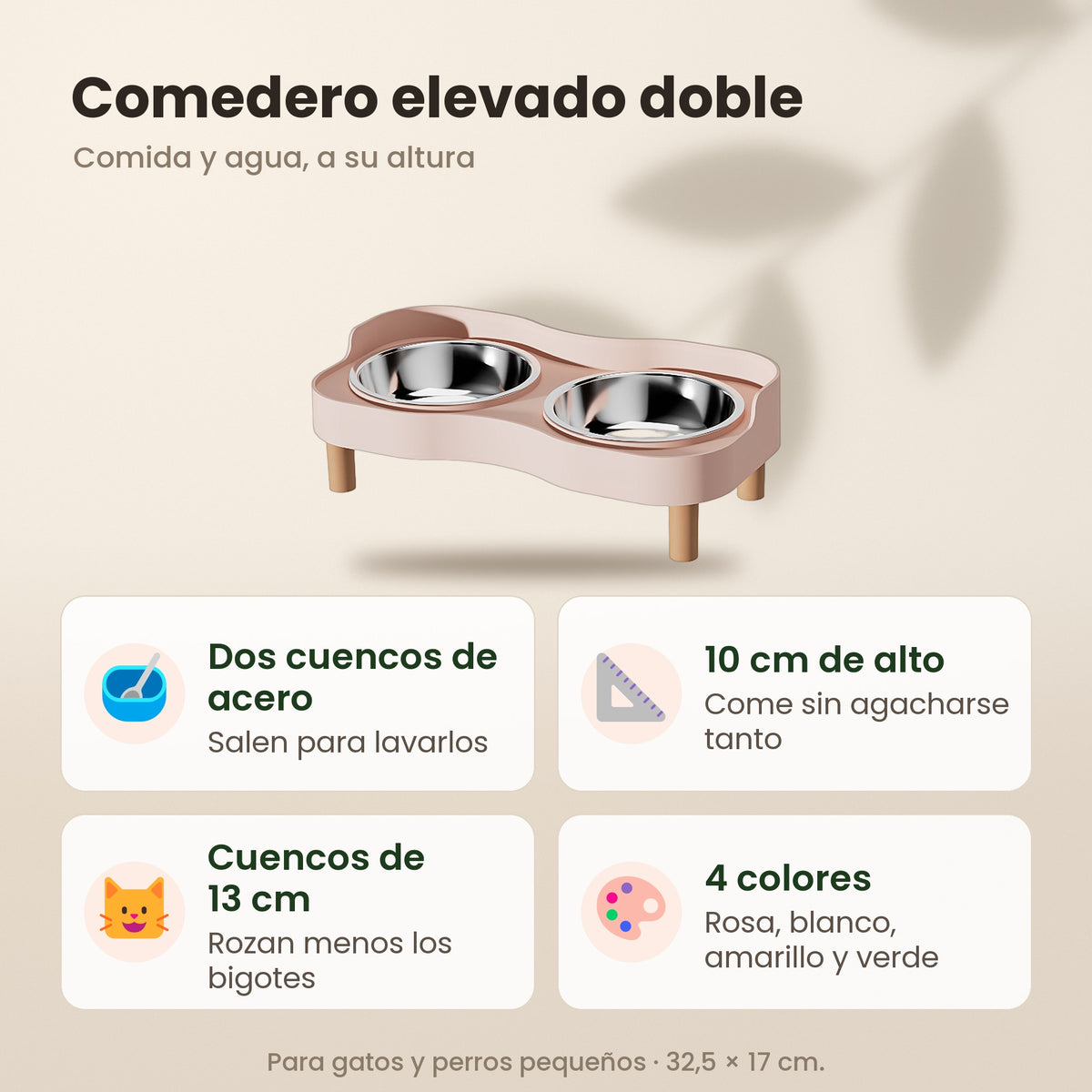 Comedero elevado doble: dos cuencos de acero que salen para lavarlos, 10 cm de alto, cuencos de 13 cm y 4 colores