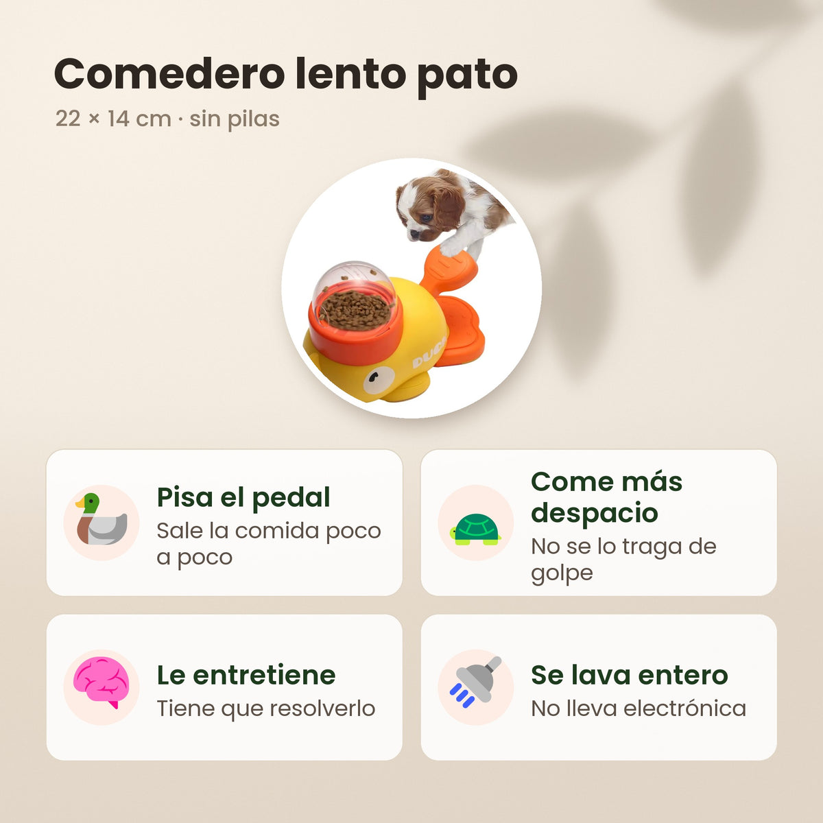 Comedero lento pato: pisa el pedal y sale la comida poco a poco, come más despacio y se lava entero