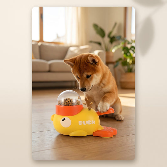 Cachorro de shiba pisando el pedal del comedero lento con forma de pato AMIKART