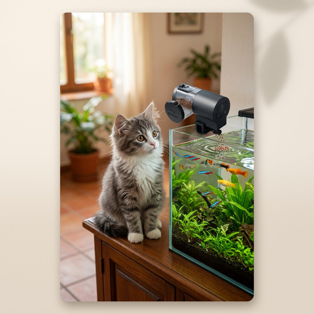 Gatito gris junto al comedero automático para peces del acuario AMIKART