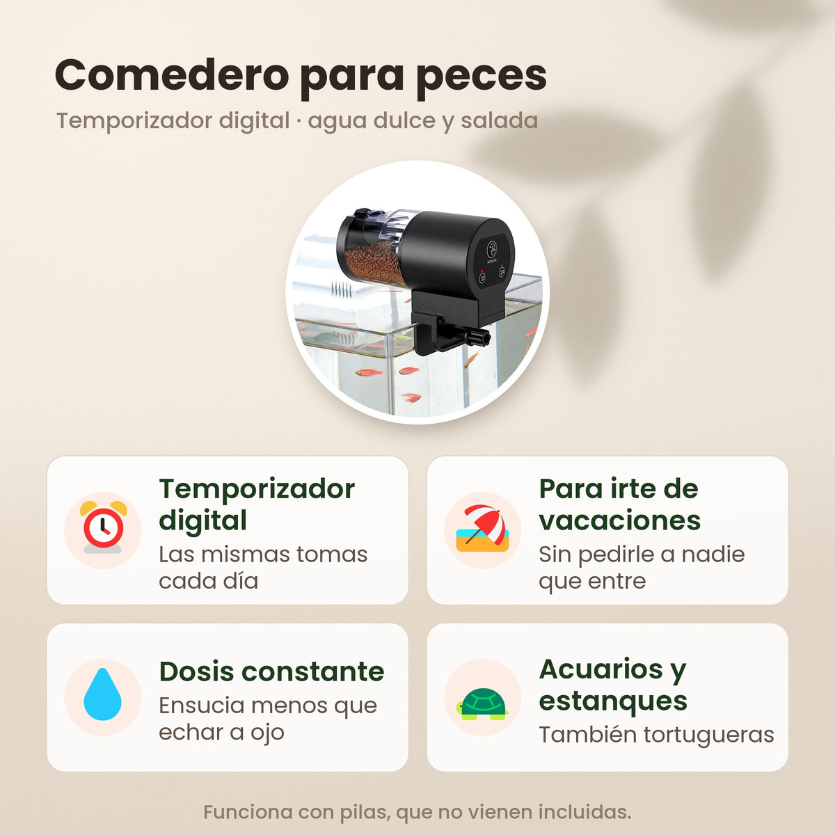 Comedero para peces: temporizador digital, para irte de vacaciones, dosis constante, acuarios y estanques; funciona con pilas no incluidas