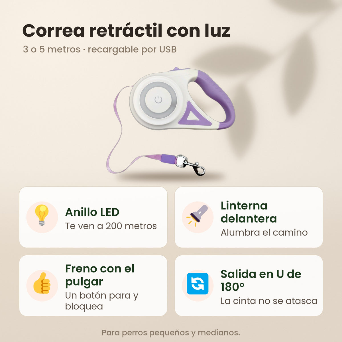 Correa retráctil con luz: anillo LED, linterna delantera, freno con el pulgar y salida en U de 180°