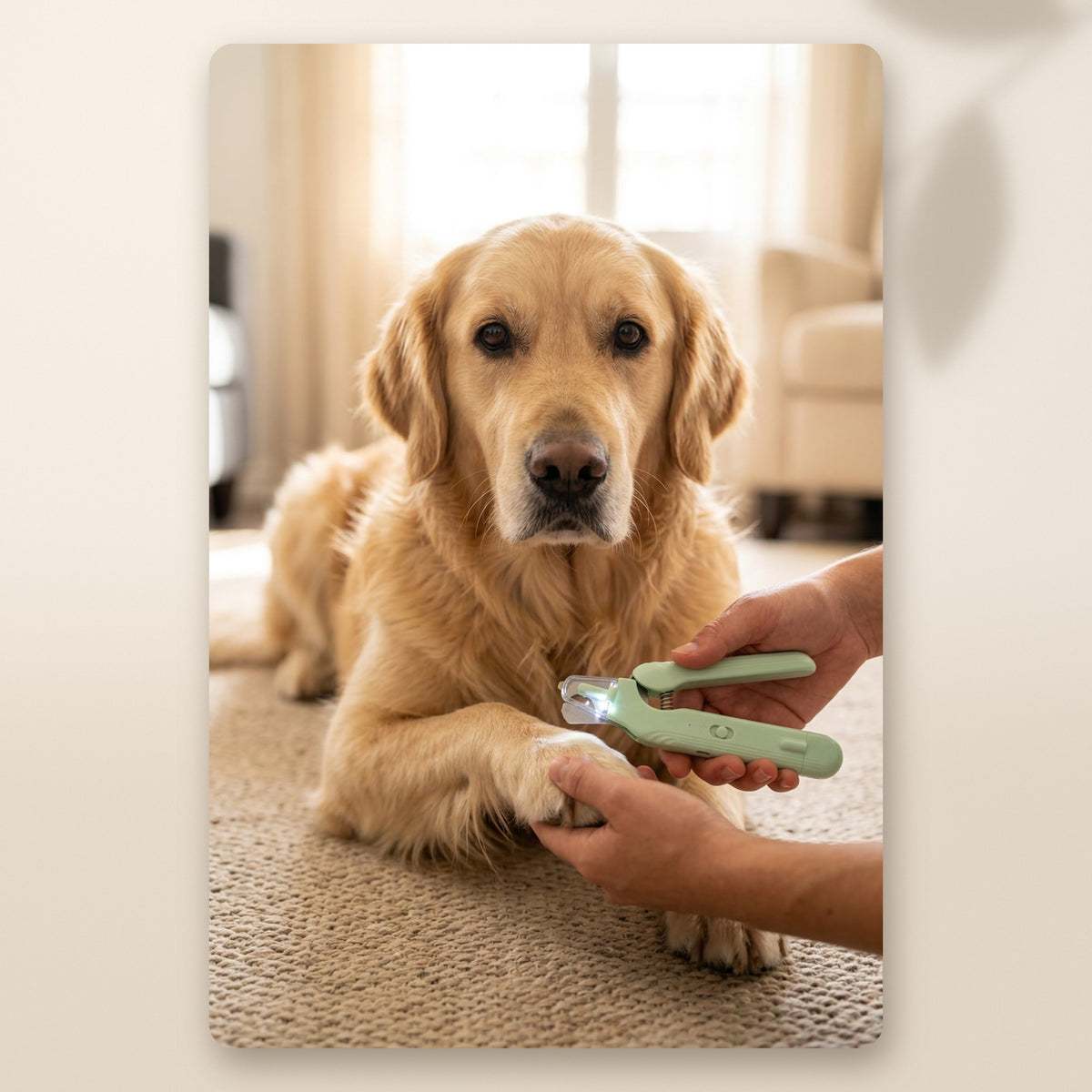 Cortando las uñas a un golden retriever con el cortaúñas con luz LED AMIKART