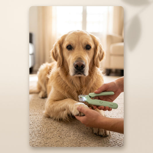 Cortando las uñas a un golden retriever con el cortaúñas con luz LED AMIKART