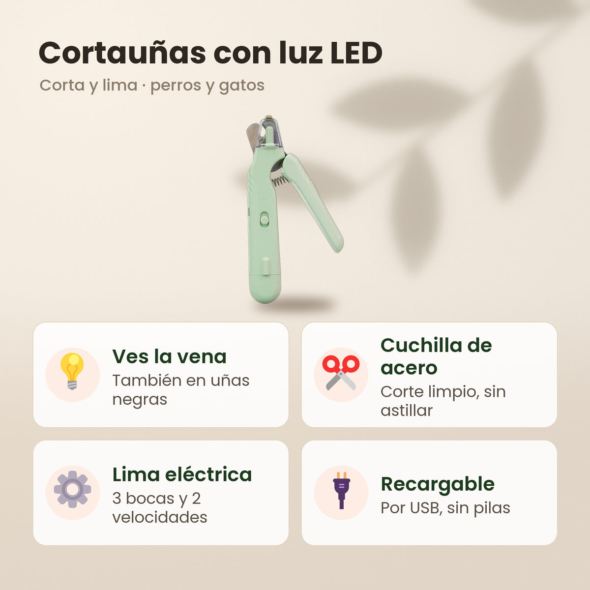 Cortauñas con luz LED: se ve la vena, cuchilla de acero, lima eléctrica y recargable por USB