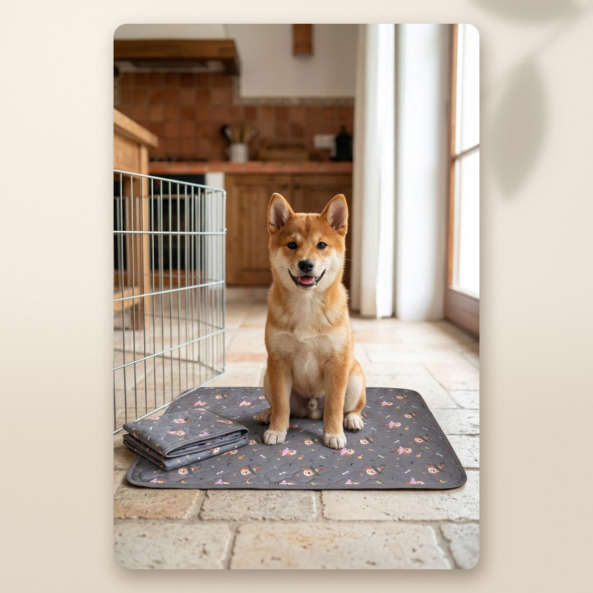 Cachorro de shiba sentado en el empapador lavable AMIKART