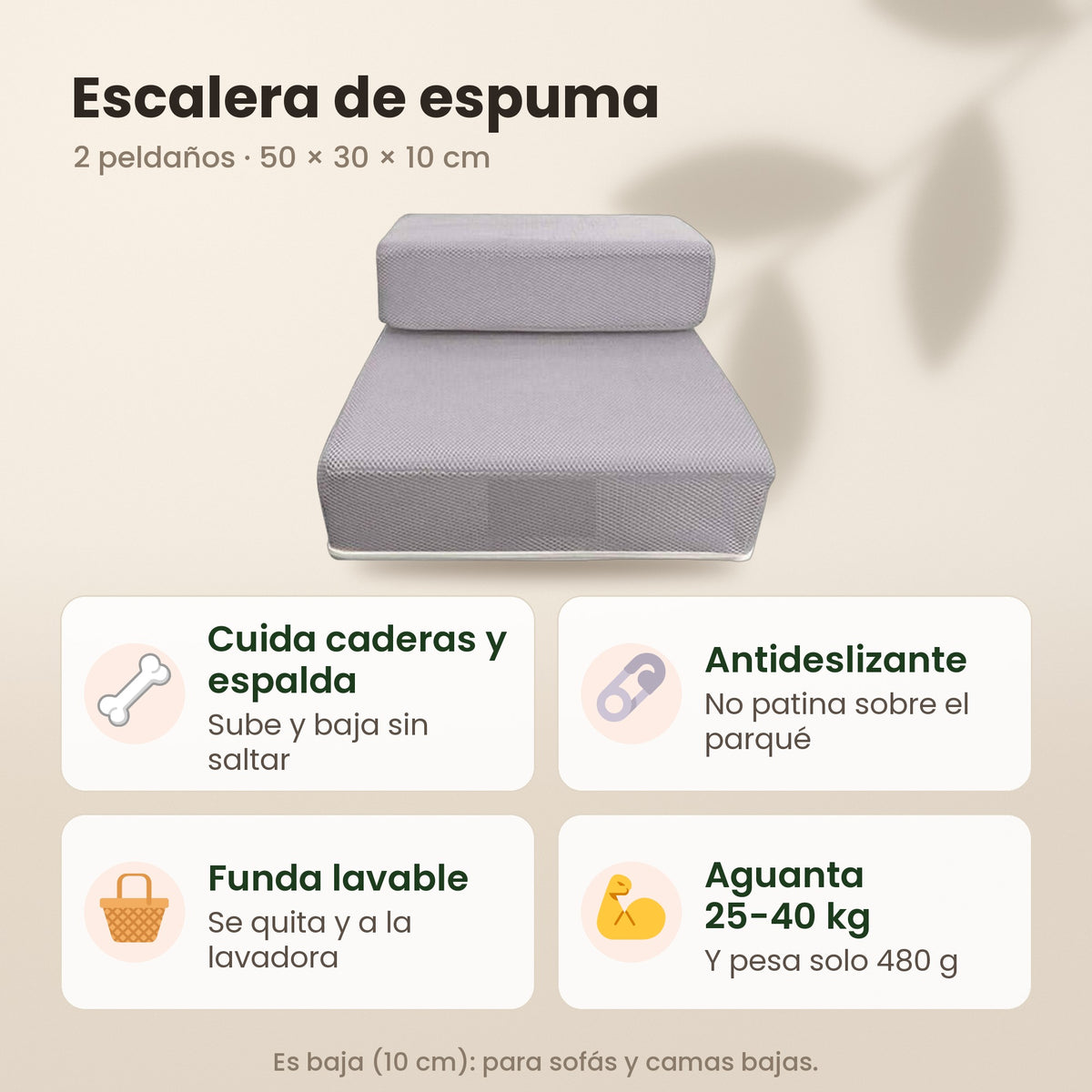 Escalera de espuma de 2 peldaños: antideslizante, funda lavable y aguanta de 25 a 40 kg