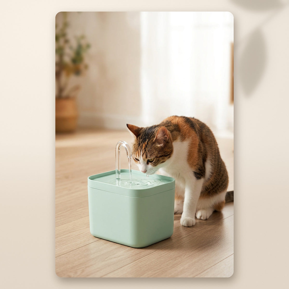 Gata bebiendo de la fuente de agua AMIKART 1,5 L verde menta en el salón de casa