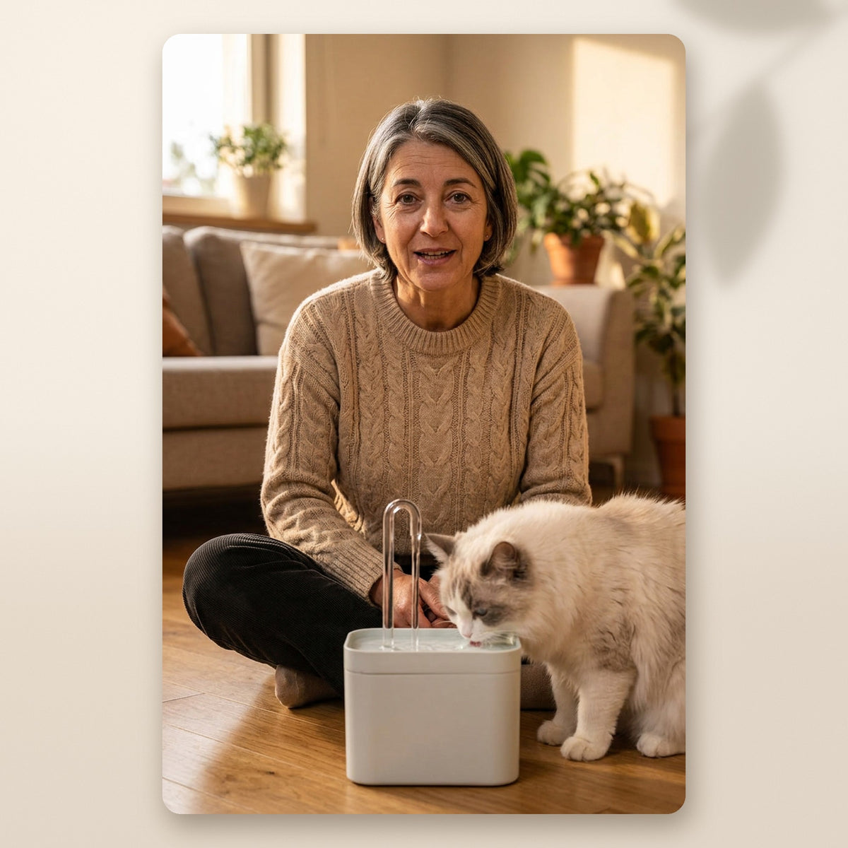 Mujer sentada en el suelo del salón mientras su gato blanco bebe de la fuente AMIKART 1,5 L blanca