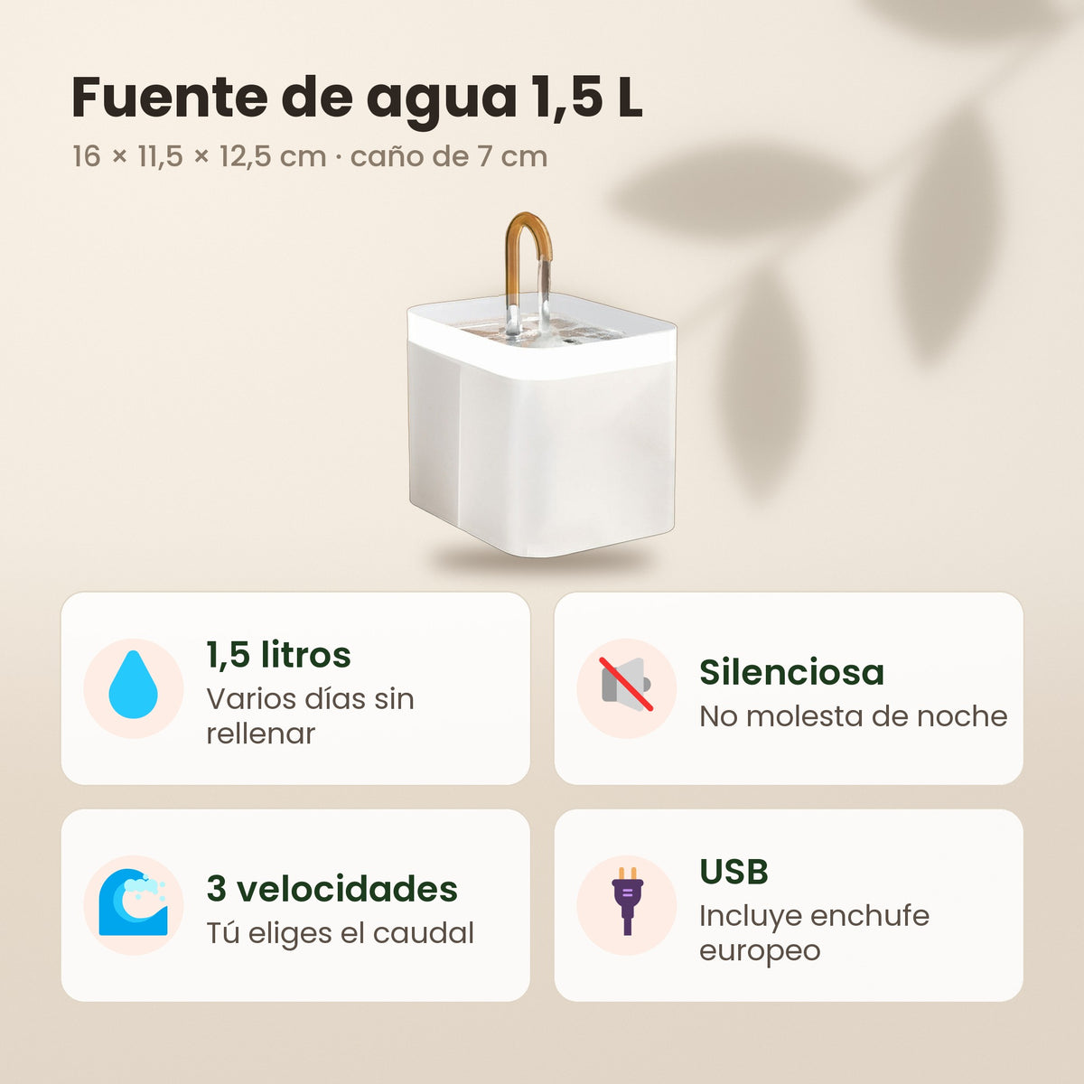 Fuente de agua 1,5 L: 1,5 litros, silenciosa, 3 velocidades y USB con enchufe europeo