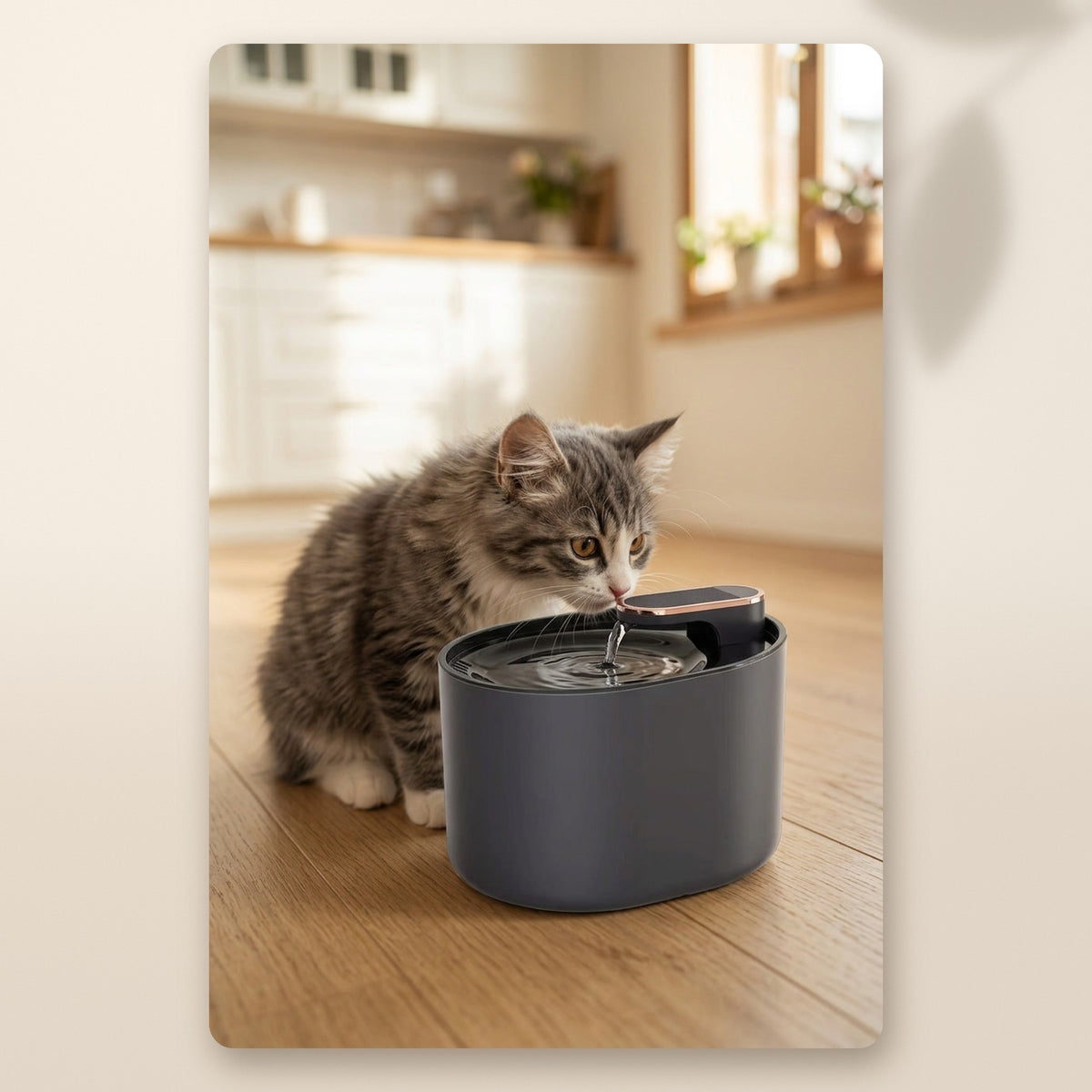 Gatito gris bebiendo de la fuente de agua de 3 litros AMIKART