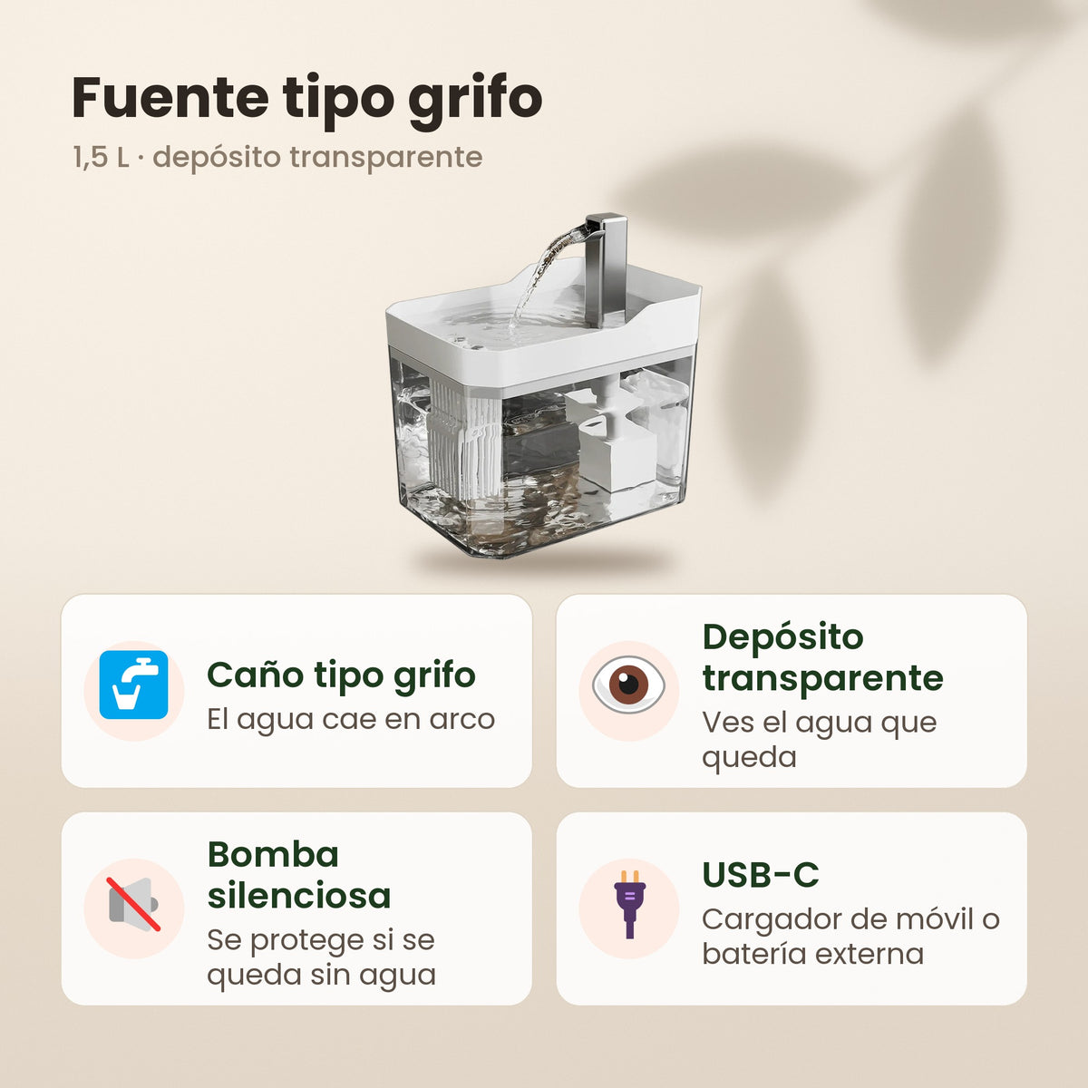 Fuente tipo grifo: caño tipo grifo, depósito transparente, bomba silenciosa y USB-C