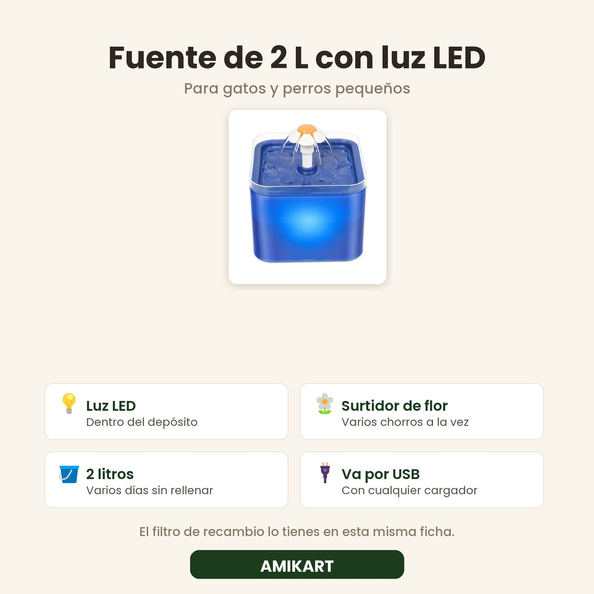 Datos: luz LED dentro del deposito, surtidor de flor, 2 litros y alimentacion USB