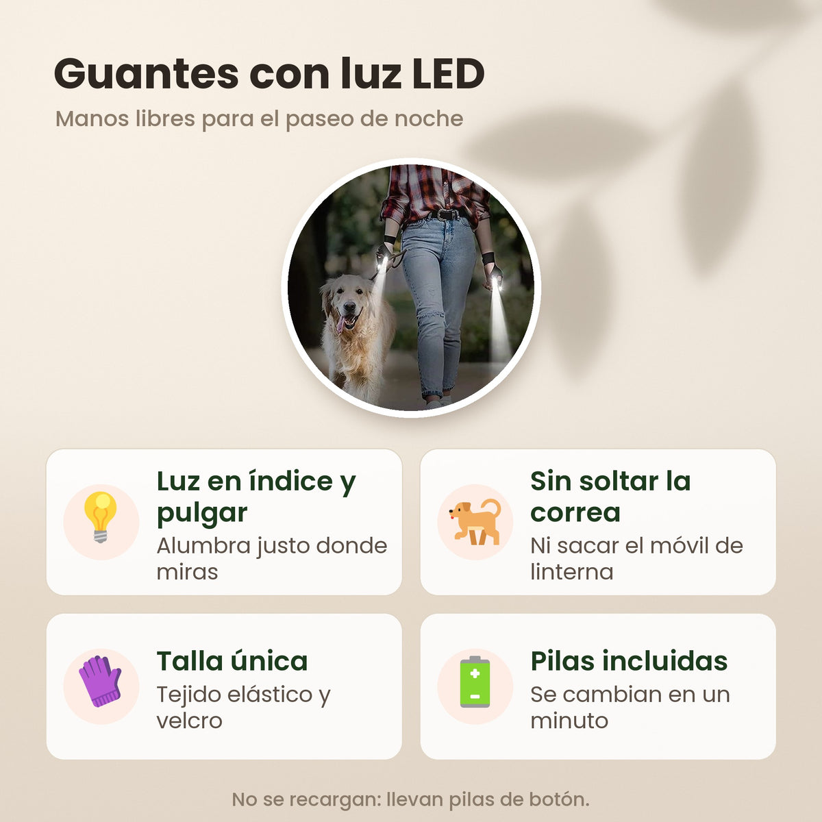 Guantes con luz LED: luz en el índice y el pulgar, sin soltar la correa, talla única y pilas incluidas que se cambian en un minuto