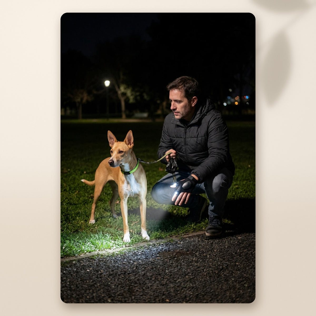 Hombre con su podenco en el parque de noche, alumbrando la hierba con los guantes LED recargables AMIKART