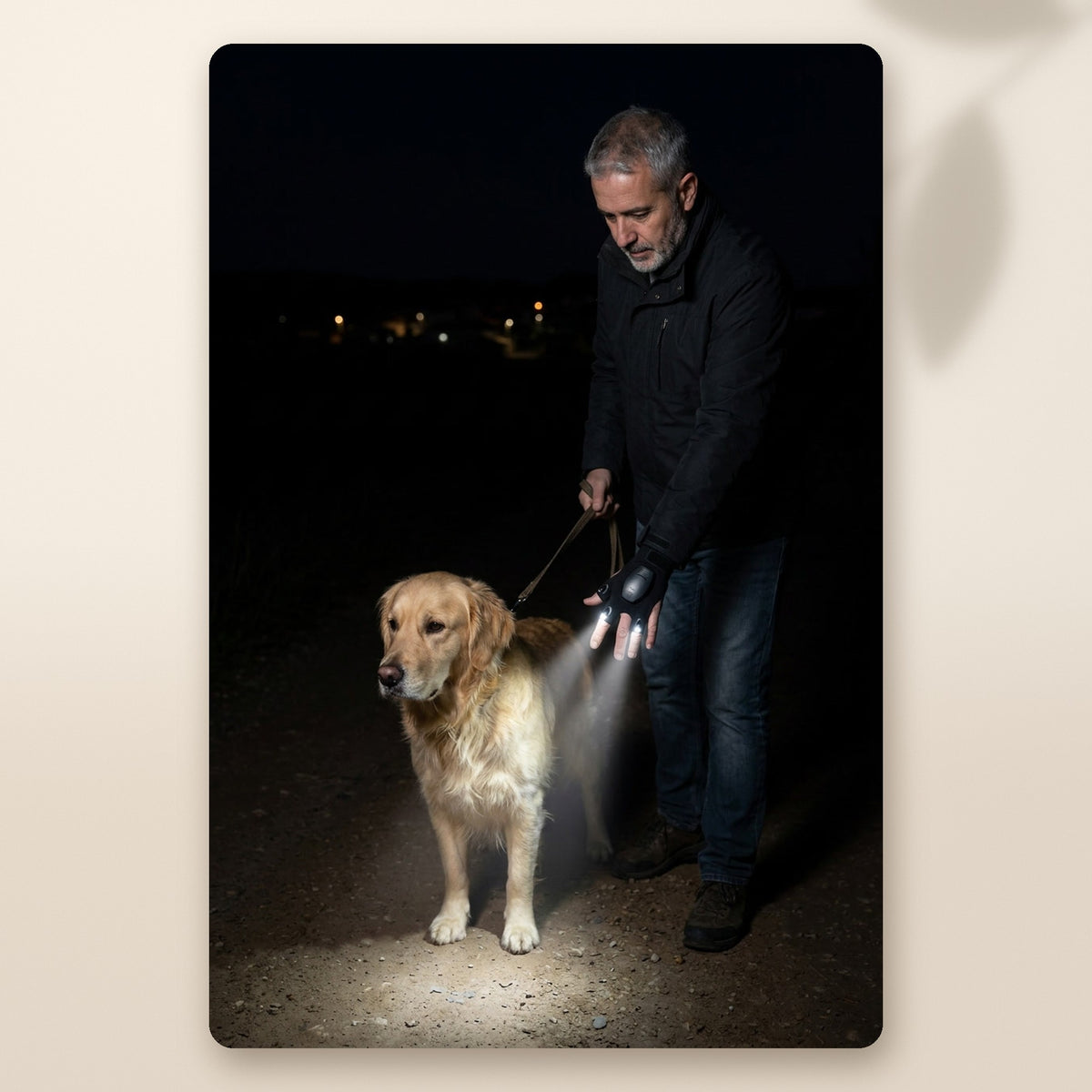 Señor paseando a su golden de noche, alumbrando el camino con los guantes LED recargables AMIKART