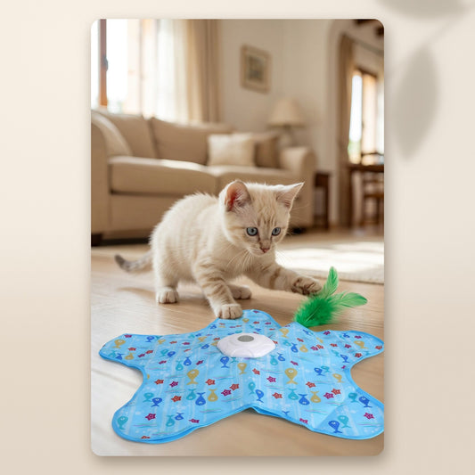 Gatito blanco jugando con el juguete interactivo en forma de estrella AMIKART