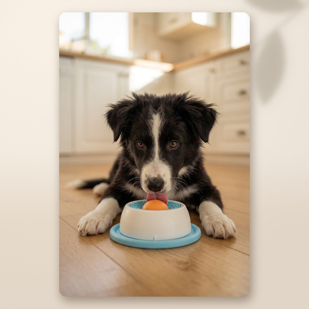 Cachorro de border collie lamiendo el juguete de lameteo AMIKART