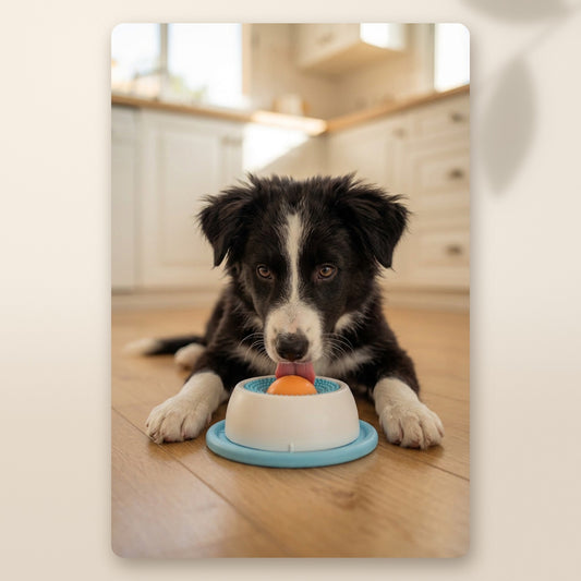 Cachorro de border collie lamiendo el juguete de lameteo AMIKART
