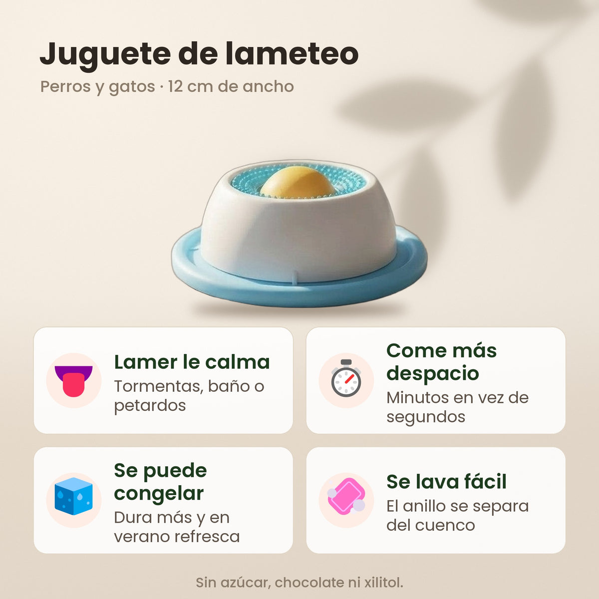 Juguete de lameteo: lamer le calma, come más despacio, se puede congelar y el anillo se separa para lavarlo