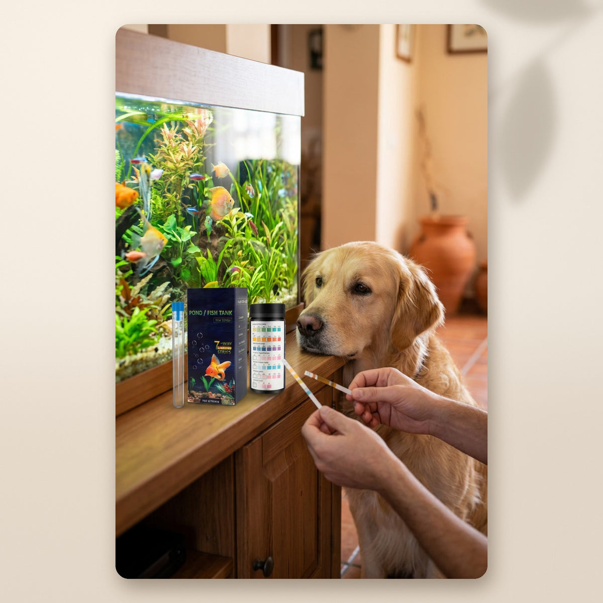 Comprobando el agua del acuario con las tiras de análisis AMIKART junto a un golden retriever