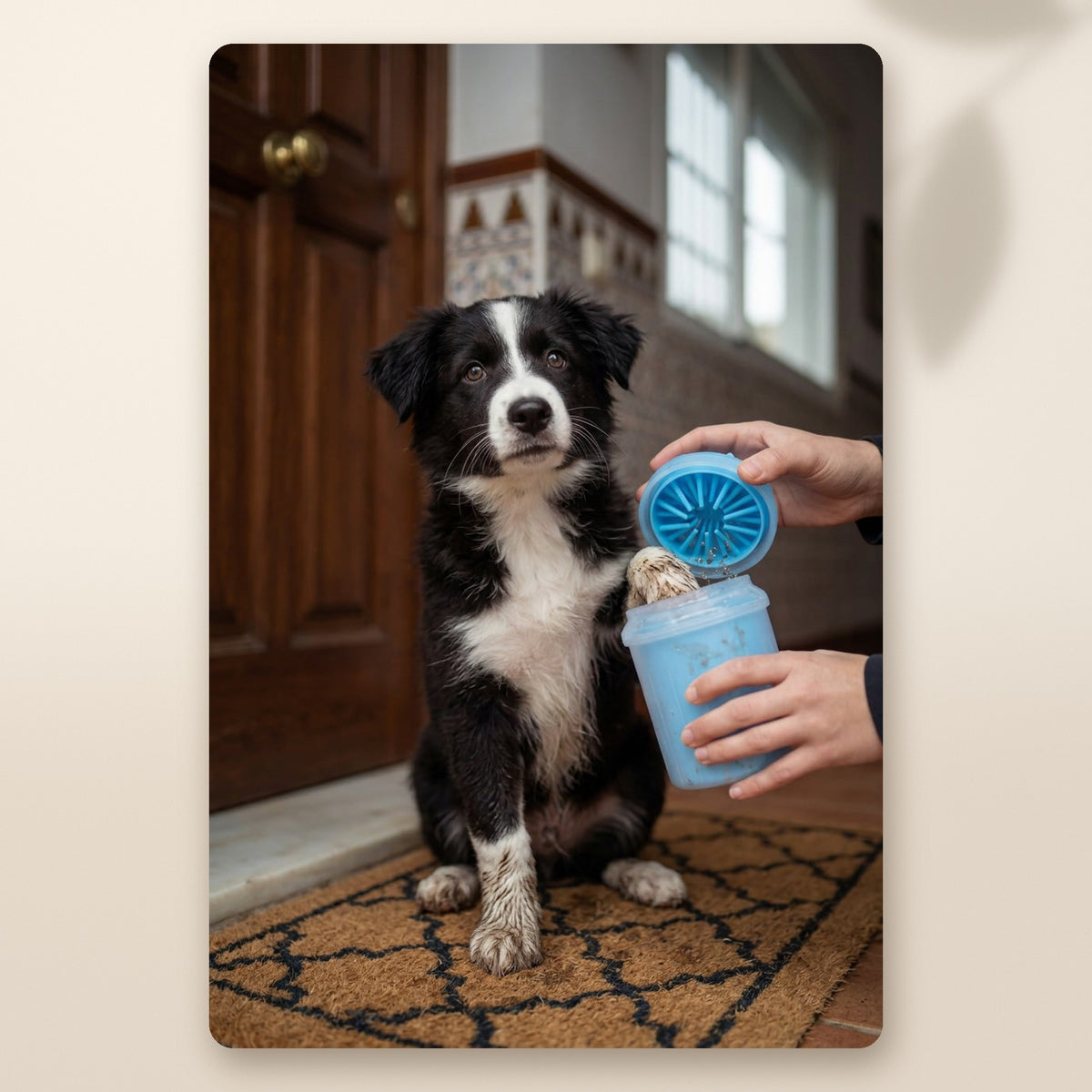 Cachorro de border collie limpiándose la pata en el limpiador de patas AMIKART