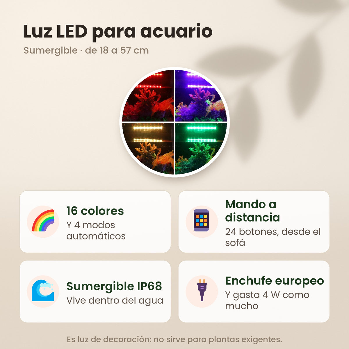 Luz LED para acuario: 16 colores, mando a distancia de 24 botones, sumergible IP68 y enchufe europeo