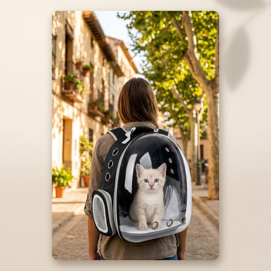 Gatito blanco dentro de la mochila cápsula transparente, de paseo por una calle de pueblo